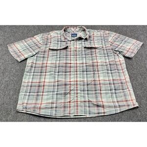 Prana Button Down Shirt Mens XL Blue Red Plaid Short Sleeve Nylon Technical Top